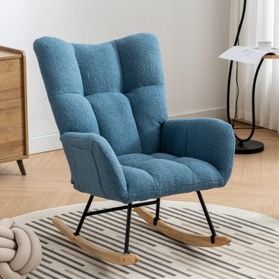 Aukfa Soft Teddy Fabric Rocking Chair w/Pocket - Ergonomic Nursery Glider, Solid Wood Base, 261LB Capacity for Living Room & Bedroom
