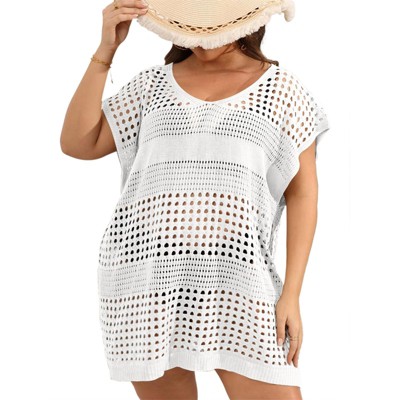 Women's Plus Size Suimsuit Cover Up Short Sleeve Hollow Out Swimwear Bathing Suit
