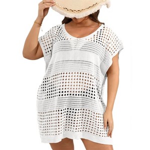 Women's Plus Size Suimsuit Cover Up Short Sleeve Hollow Out Swimwear Bathing Suit - 1 of 3