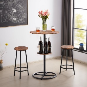 VECELO 3-Piece Bar Table Set Round Counter Height Table and Chair with Wine Rack Brown/Black - 1 of 4