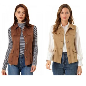 INSPIRE CHIC Women's Buttoned Sleeveless Faux Suede Utility Vest with Cargo Pocket 2 Packs - 1 of 4
