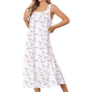 ladies sleep dress Ekouaer Nightgowns for Women Cotton Long Night Gowns Sleeveless Victorian Nightdress Sleepwear Pink Flower White 2XL : Target Fleece