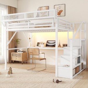 Sapphtopaz Metal High Loft Bed with Stairs, Desk, Safety Guardrail & Storage Shelves, Versatile Gaming Loft for Kids, Teens, Space-Saving - 1 of 4
