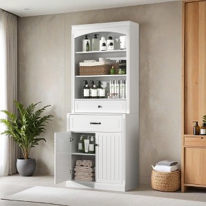 White Bathroom Storage Cabinet with Two Doors, Drawers, Adjustable Shelf & Three Open Shelves - Leovsnove - 1 of 4