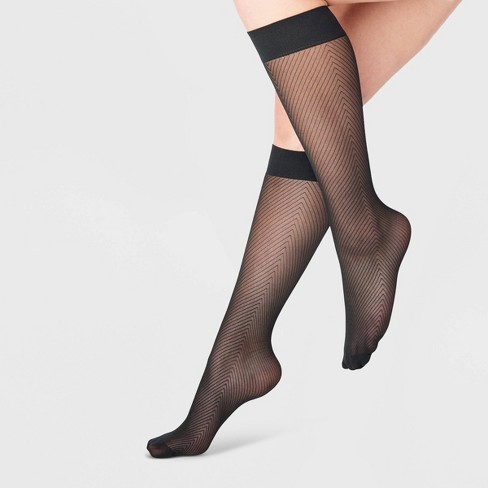 Women's Tailored v Sheer Fashion Knee Highs - A New Day™ Black