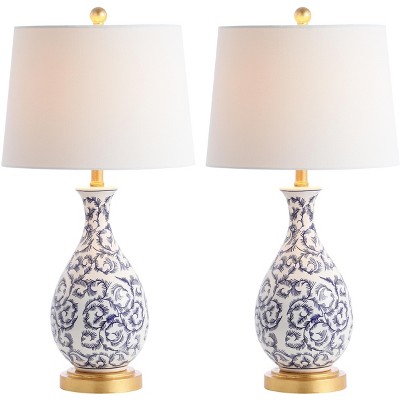 Classic Blue and White Ceramic Table Lamp Set with Gold Leaf Finish