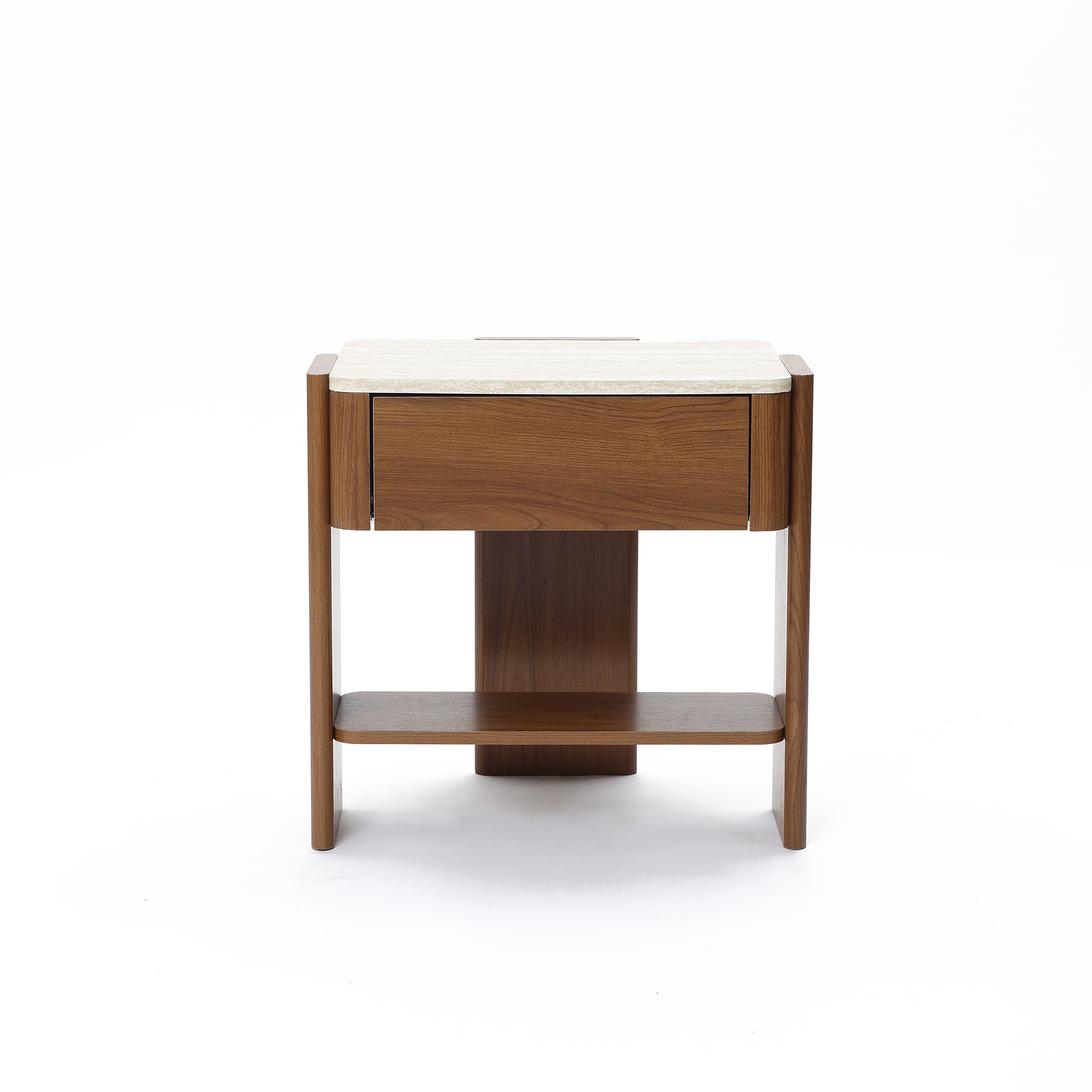 LuxenHome Faux Travertine Nightstand with Drawer and Open Shelf, MDF Wood Accent Side Table Brown