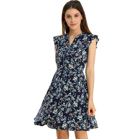 Allegra K Women's V-Neck Ruffle Cap Sleeve A-Line Floral Chiffon Dress Blue  X-Large