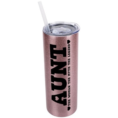 Elanze Designs Bubblegum Pink 20 Ounce Double Wall Stainless Steel Glitter Travel Tumbler With Sliding Lid And Straw, Aunt The Woman The Myth The
