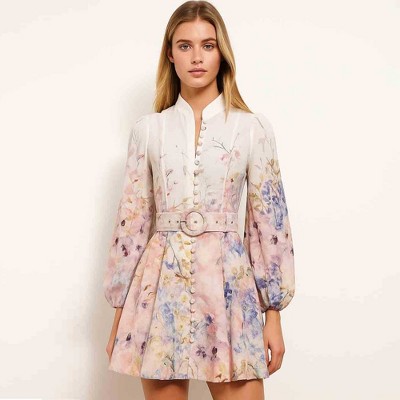 Women's Floral Belted Long Sleeve Mini Dress – Elegant Button Front Ruffle Hem by Cherie Code