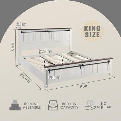 SinCiDo Farmhouse King Size Bed Frame with 47" Headboard, Sliding Barn Door, Wood Bed Frame with Wood Slats Support, No Box Spring Needed