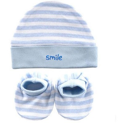 Luvable Friends Baby Boy Cap and Booties Set, Blue, One Size