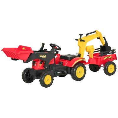 Aosom Red and Yellow Kids Pedal Ride-On Excavator with Detachable Trailer