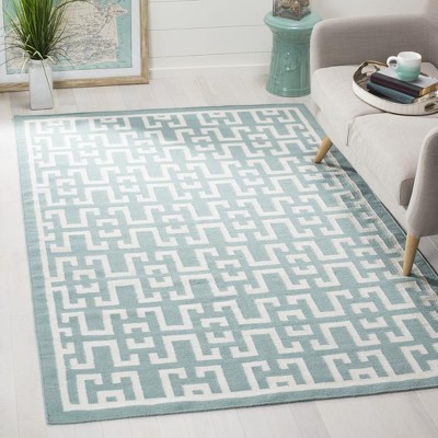 Seafoam and Ivory Geometric Wool Flatweave Rug, 3' x 5'