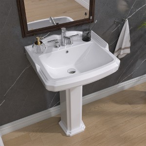 Modern Glossy White Ceramic Rectangular Vessel Sink with Predrilled Holes, Overflow Pedestal Sink Combo Bathroom Sinks - 1 of 4