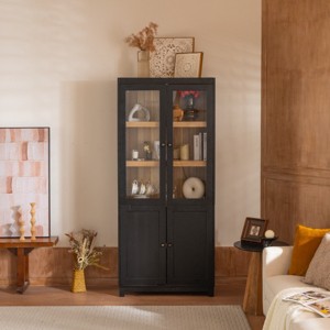 Mid-Century Display Cabinet with Tempered Glass Doors and Adjustable Shelves, 74 in Tall for Living Room or Office-3irtyhousy - 1 of 4