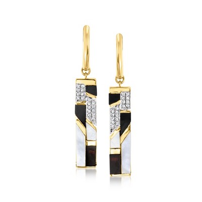 Ross-Simons Mother-Of-Pearl and Onyx Drop Earrings With .10 ct. t.w. White Topaz in 18kt Yellow Gold Over Sterling