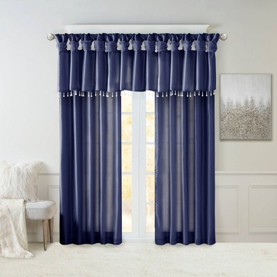 Navy Faux Silk Tab Top Valance with Beads