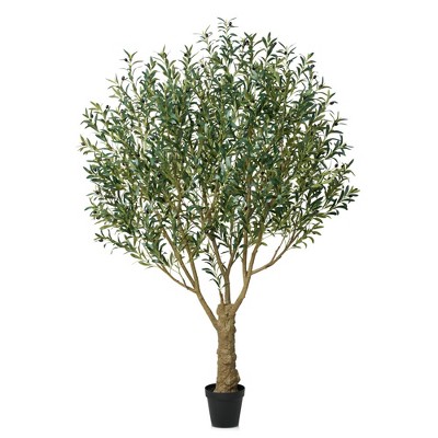 DR.Planzen 7FT Artificial Olive Tree with Thick Stump - UV Resistant Faux Plant for Indoor/Outdoor, Black Pot & Realistic Green Leaves