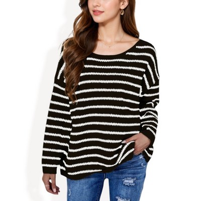 Anna-Kaci Women's Striped Boatneck Sweater with Relaxed Fit and Long Sleeves