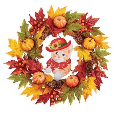 Collections Etc Charming Autumn Cat Artificial Leaves and Pumpkins Hanging Wreath
