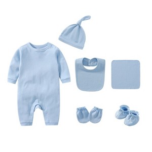MyKids-USA Newborn Solid Color Romper Hat, Bib, Gloves, Footwear, Square Scarf Sets - 1 of 4