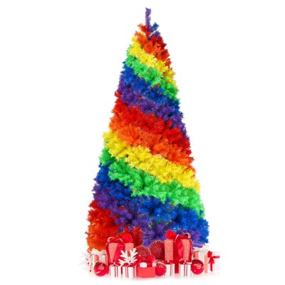 Tangkula 7FT Artificial Hinged Christmas Tree Colorful Rainbow Full Fir Xmas Tree with 1213 Branch Tips