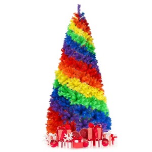 Tangkula 7FT Artificial Hinged Christmas Tree Colorful Rainbow Full Fir Xmas Tree with 1213 Branch Tips - 1 of 4