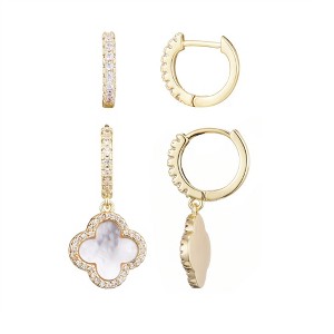 Adornia 14k Gold Plated Halo White Mother of Pearl Clover CZ Huggie Set - 1 of 4