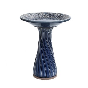 LuxenHome 22" Elegant Tall Ceramic Bird Bath for Outside with Leaves and Swirl Pattern, Blue - 1 of 4