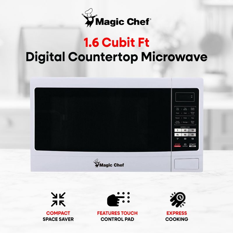 Magic Chef MCM1611W 1100 Watt 1.6 Cubic Feet Microwave with Digital Touch Controls and Display, White, 2 of 7