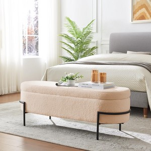 Upholstered Boucle Storage Ottoman Bench, Faux Shearling Oval Ottoman for Living Room Bedroom - 1 of 4