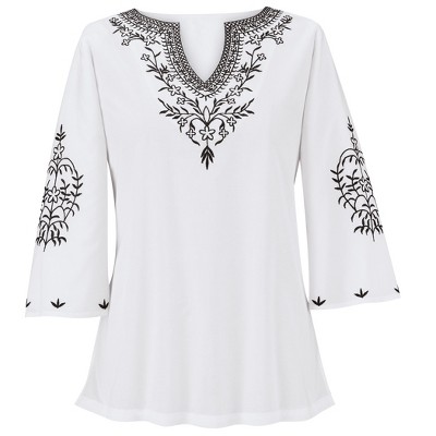 Collections Etc Tonal Embroidered Easy Fit V-Neck Long Length Tunic