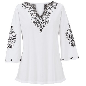 Collections Etc Tonal Embroidered Easy Fit V-Neck Long Length Tunic - 1 of 4