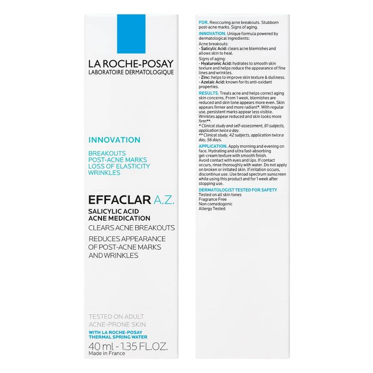 Box of La Roche-Posay Effaclar A.Z. salicylic acid acne medication cream, 40 ml, with text detailing its benefits and application instructions.