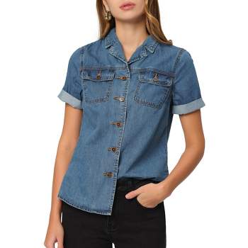 Allegra K Women's Denim Jacket Collared Short Sleeve Chest Pocket Button Up Shirt, Size: Small, Blue