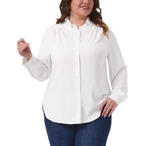 Women's Ruffle Stand Collar Long Sleeve Curved Hem Business Work Office Button Down Shirt - Agnes Orinda - 1 of 4