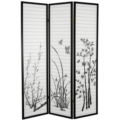 4 Panel Black Floral Accented Screen Room Divider With Wood Frame And Shoji  Paper : Target