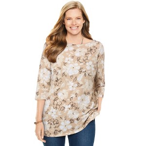 Woman Within Plus Size Perfect Printed Elbow-Sleeve Boatneck Tee - 1 of 2