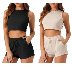 cheibear Women's 2 Pack Waffle Sleeveless Tank Top and Shorts Pajamas 2 Piece Sets - 1 of 4