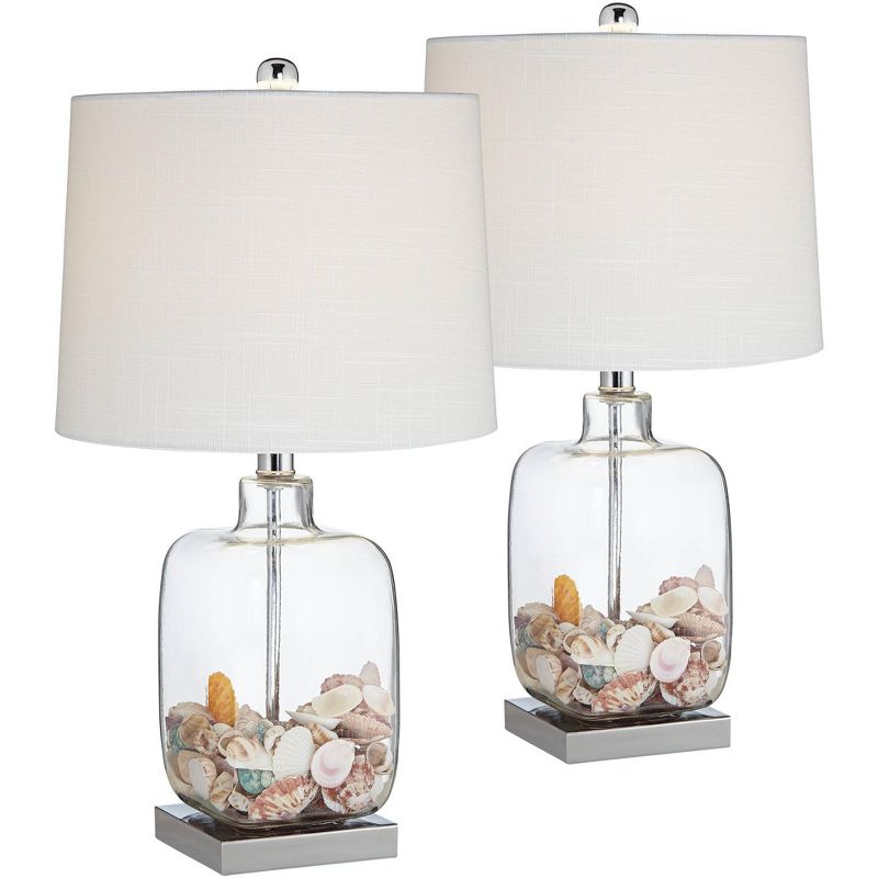 360 Lighting Coastal Accent Table Lamps 21.75" High Set of 2 Clear Glass Fillable Sea Shells White Drum Shade for Living Room Family Bedroom, 1 of 7