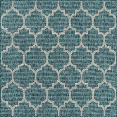 Teal & Gray Square Trellis Outdoor Rug, Easy-Care Synthetic
