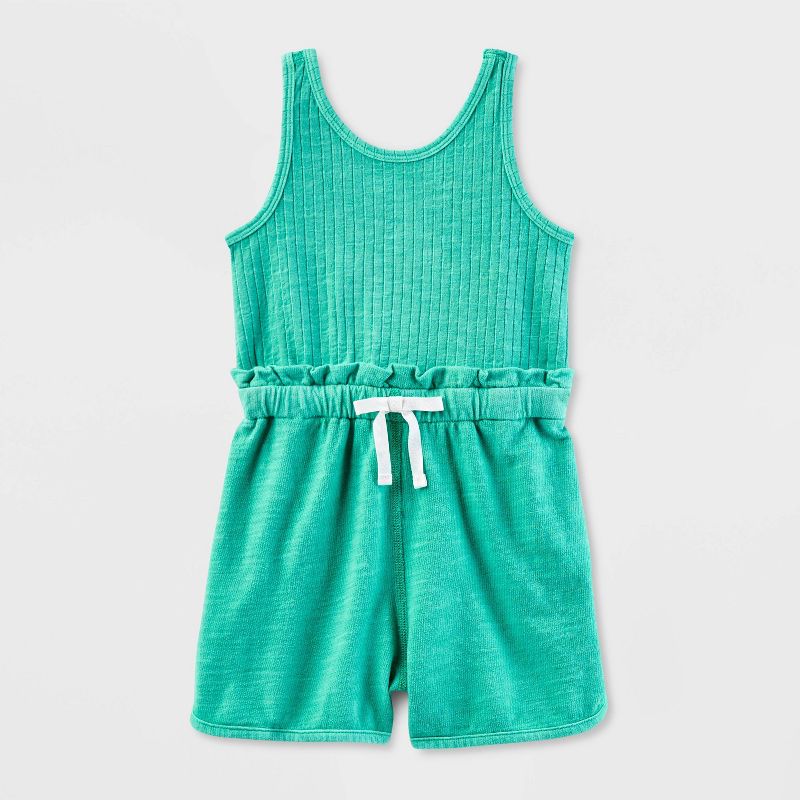 Toddler Girls&#39; Adaptive Abdominal Access Sleeveless Ribbed French Terry Romper - Cat &#38; Jack&#8482; Turquoise Green, 1 of 6