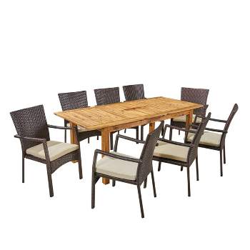 Davenport 9pc Wood & Wicker Expandable Dining Set - Natural/Brown/Cream - Christopher Knight Home