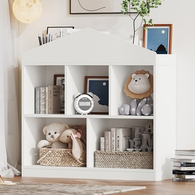 Image of Toy Storage Organizer 5-Cubby Kids Bookshelf White Bookcase Toddlers Playhouse Cabinet Shelf Wooden CubbyToy Shelf Playroom, Nursery, Kids Room