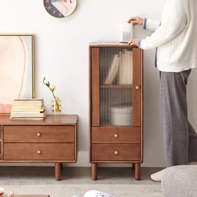 VYNXARIA Vintage Glass Door Corner Storage Cabinet