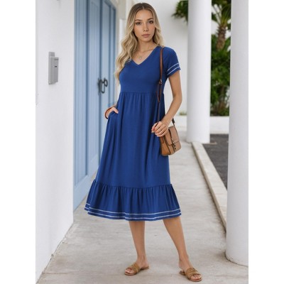 Женские платья INSPIRE CHIC Women's Summer V Neck Short Sleeve Contrast Trim A Line Midi Summer Dress with Pockets Blue Small — фото 2