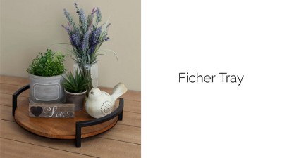 Rustic Brown Rubberwood Round Tray with Metal Handles