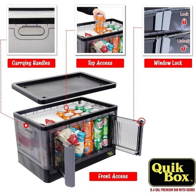 Gray Plastic Stackable Collapsible Storage Bins with Doors, 3 Pack