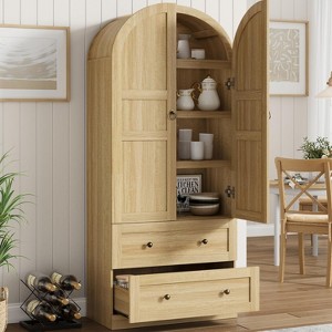 72" Tall Arched Kitchen Pantry Cabinet, Farmhouse Wood Storage Cabinet with 2 Large Drawers, Glass Door, Freestanding Versatile Pantry Cabinets - 1 of 4